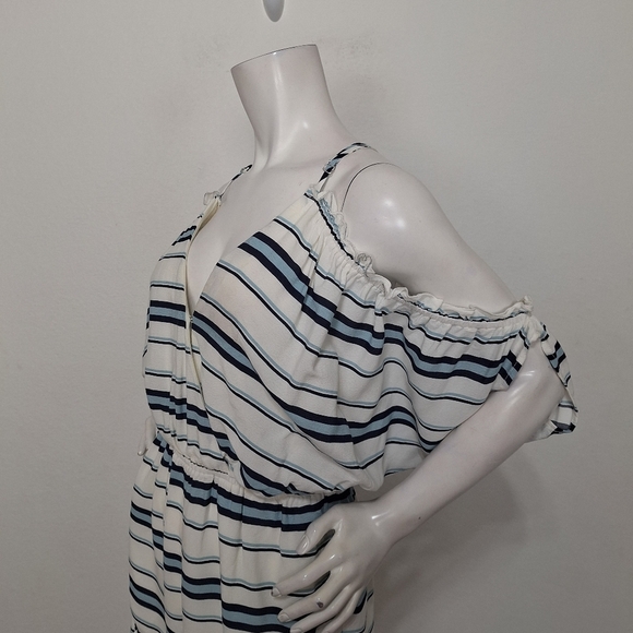 Lovers + Friends Blue White Malia Ruffle Coastal Cold Shoulder Romper Size M - Picture 10 of 14